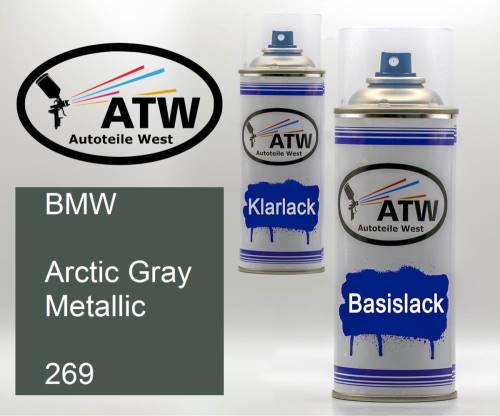 BMW, Arctic Gray Metallic, 269: 400ml Sprühdose + 400ml Klarlack - Set, von ATW Autoteile West.